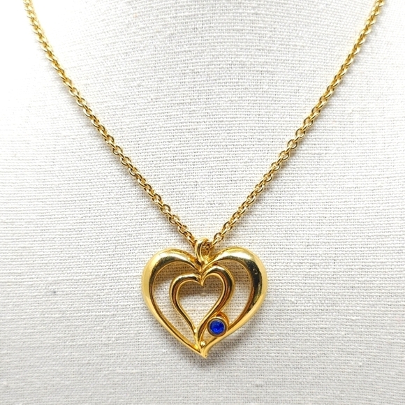 Avon Jewelry - Vtg AVON Golden Heart Blue September Birthstone Necklace